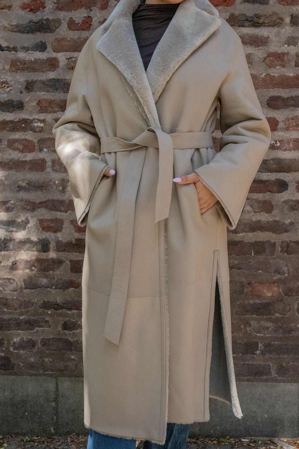 Reversible nappalan shearling merino coat with belt
