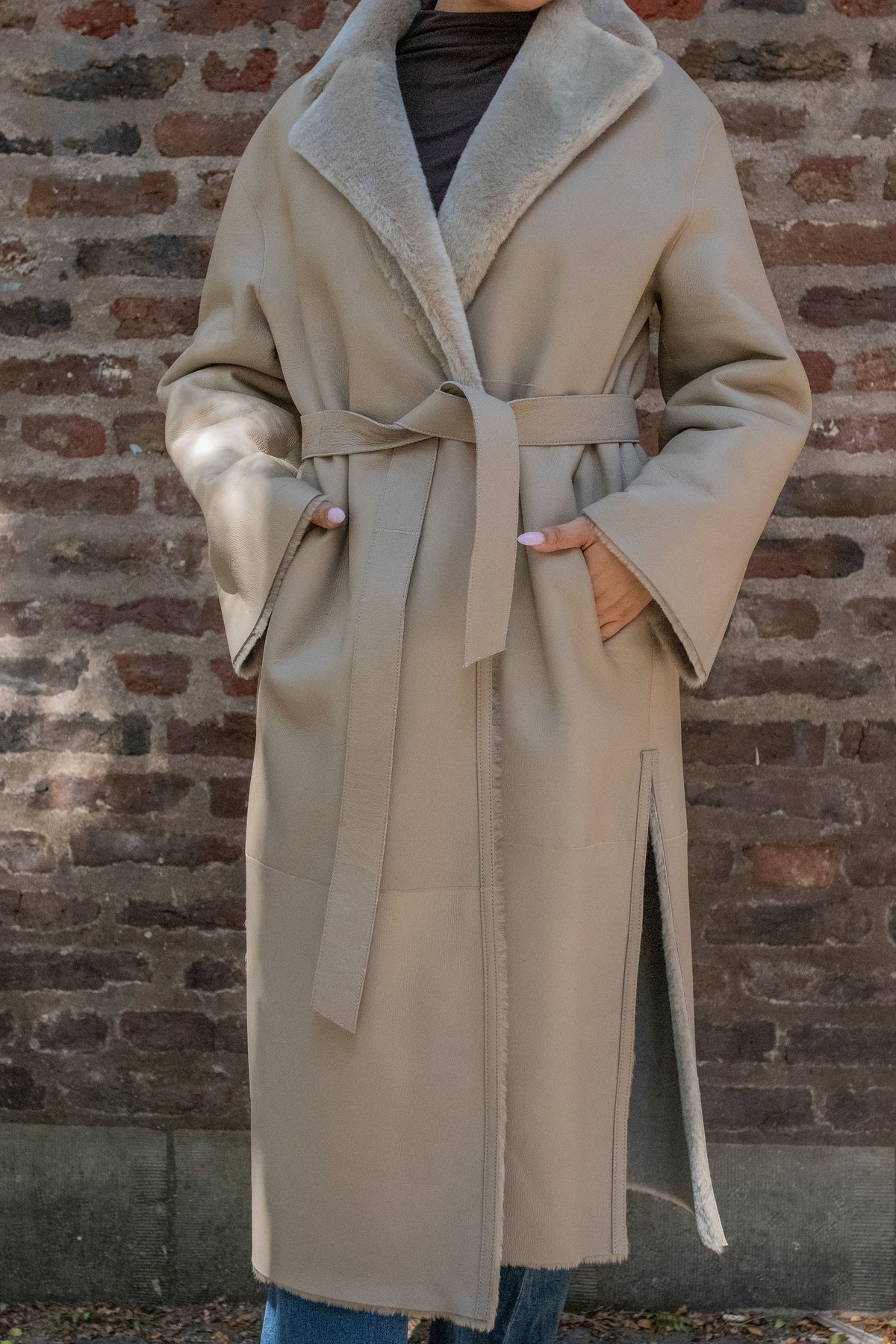 Reversible nappalan shearling merino coat with belt