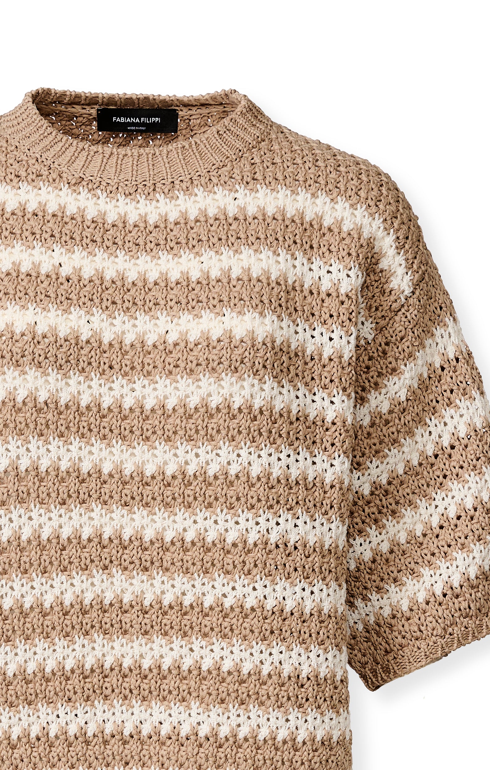 Gestreifter Kurzarmpullover aus Baumwolle und Bouclé
