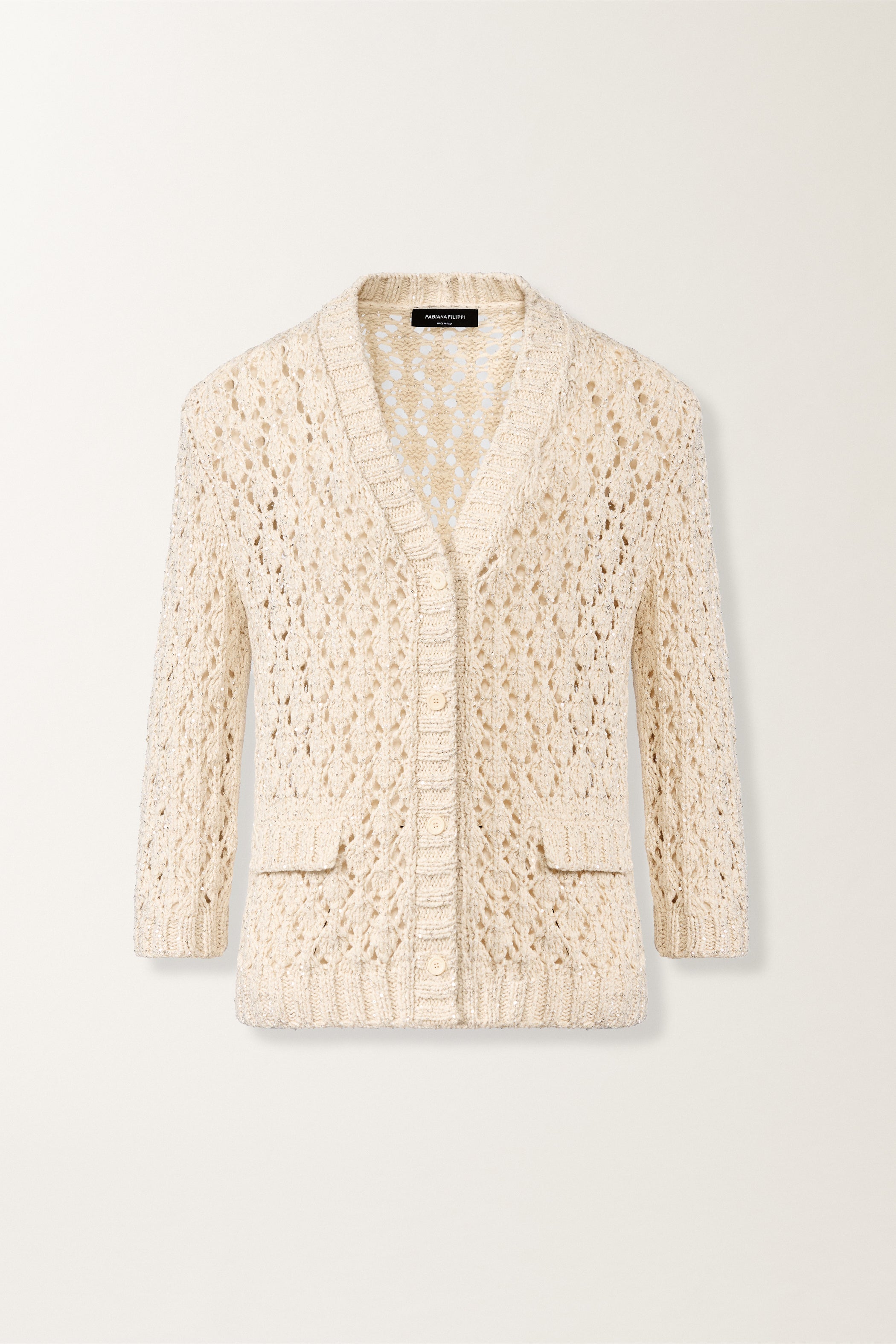 Paillettenbesetzte, rautenförmige Strickjacke mit kurzen Ärmeln