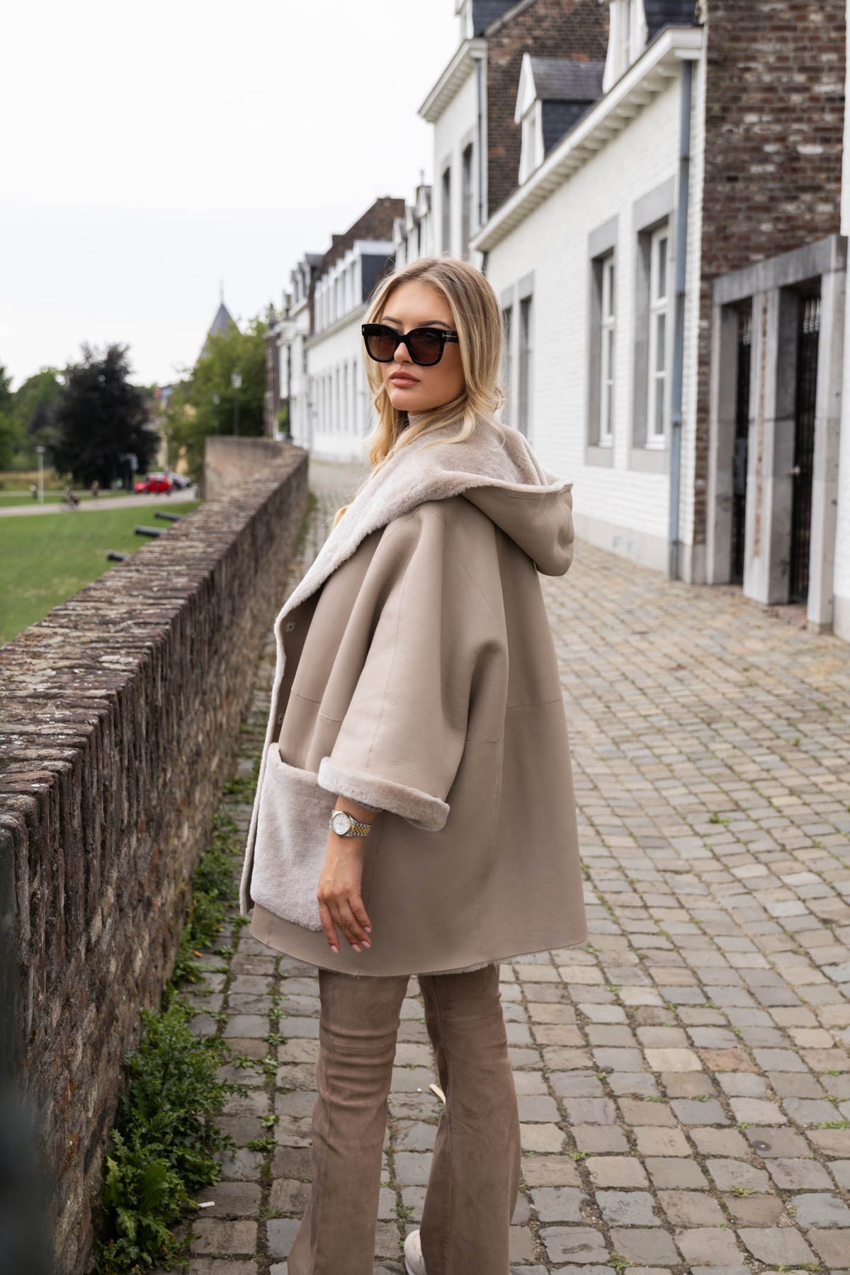 Reversible merino shearling cape