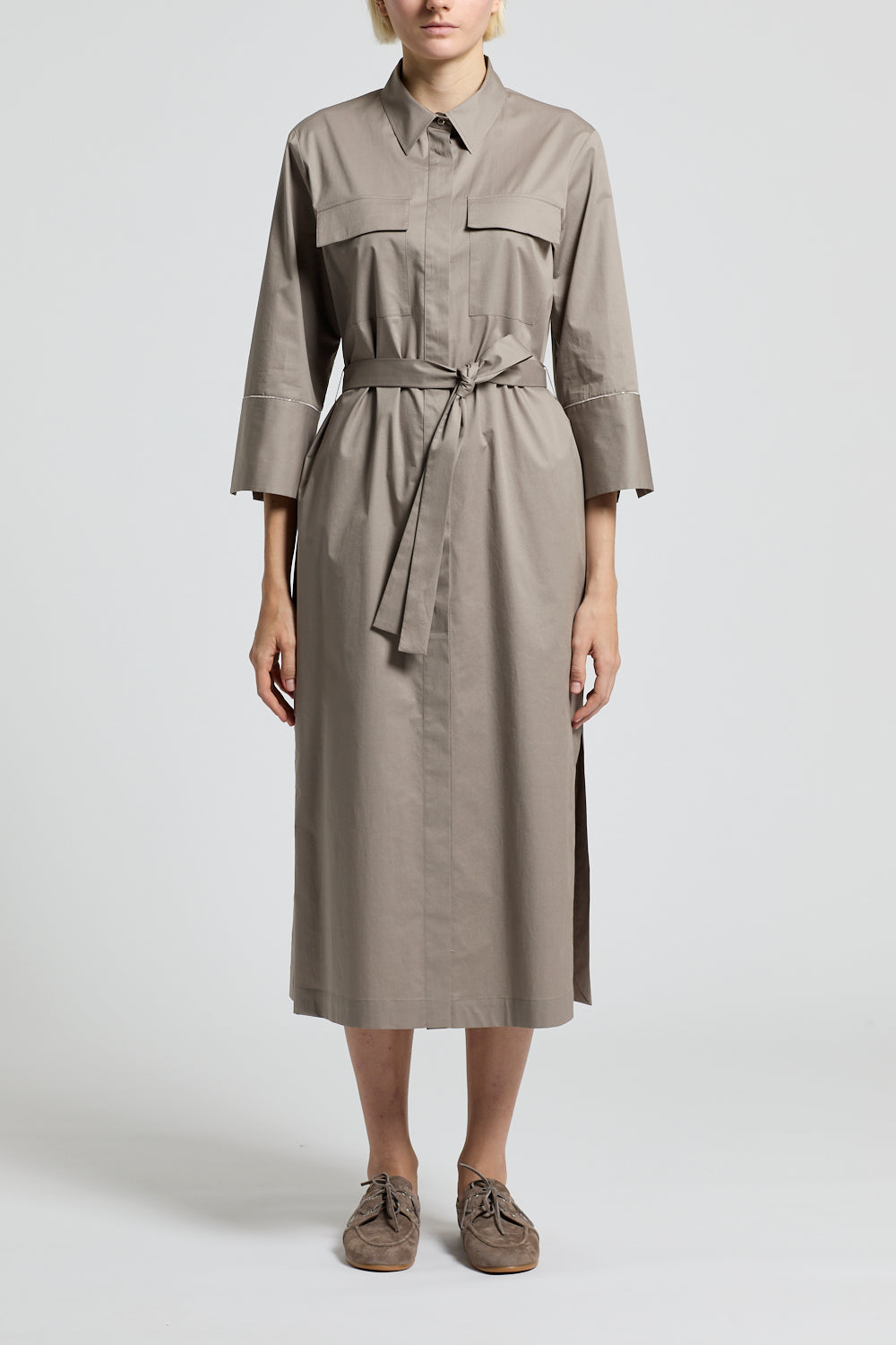 Peserico jurk met schortdetail en riem in olive leaf green, stretch katoen licht satijn