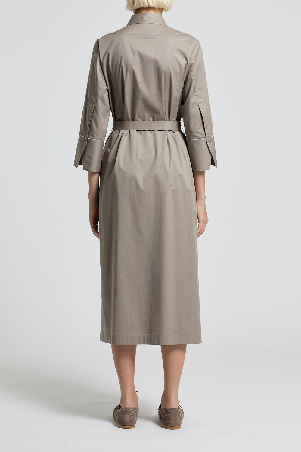 Peserico jurk stretch katoen licht satijn, olivengroen, met riem en 3/4 mouwen