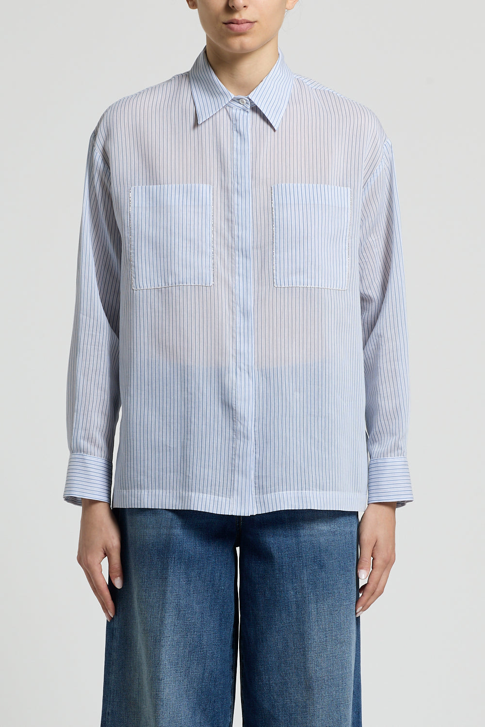 Woman shirt Striped cotton silk blend voile Cornflower blue