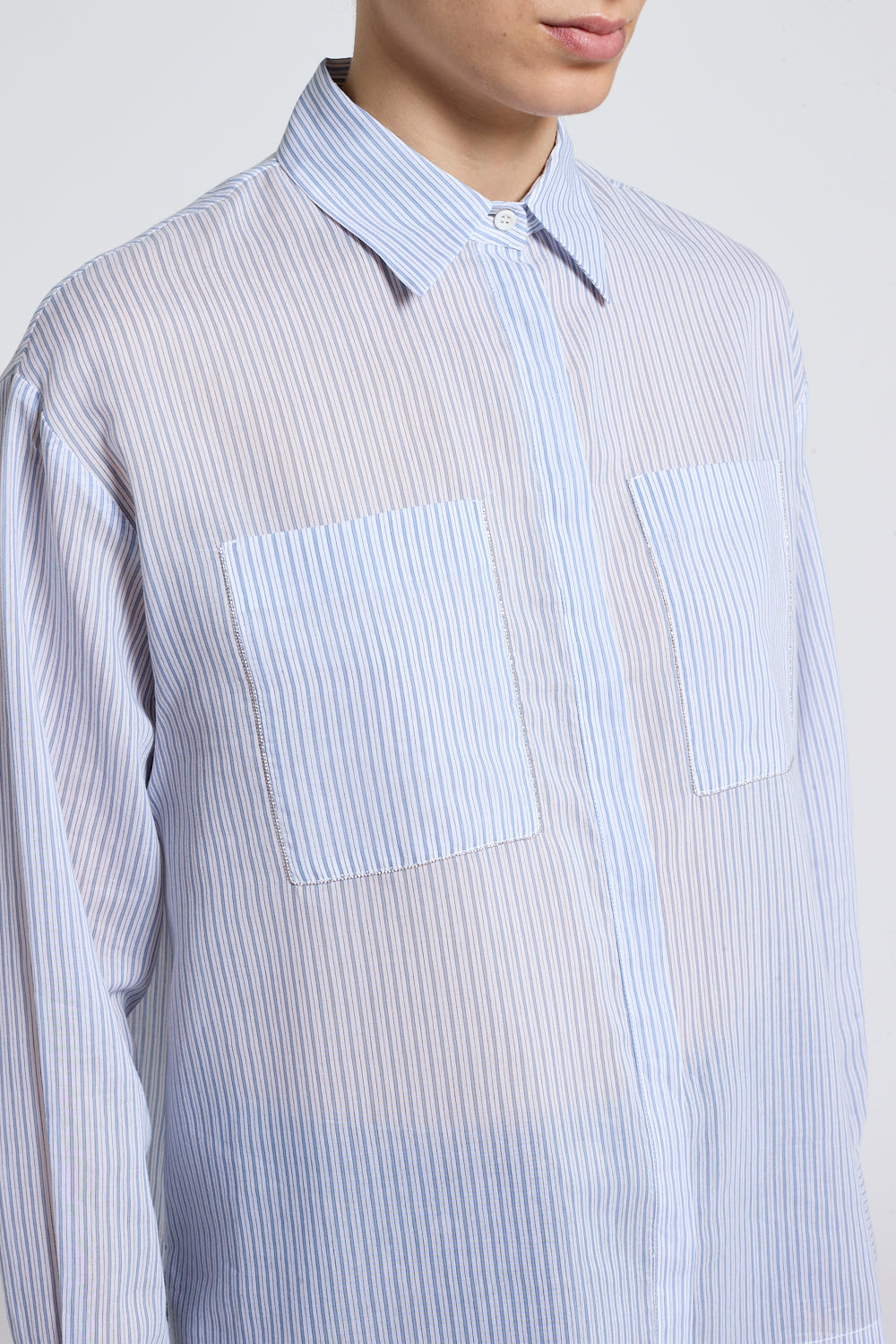 Woman shirt Striped cotton silk blend voile Cornflower blue