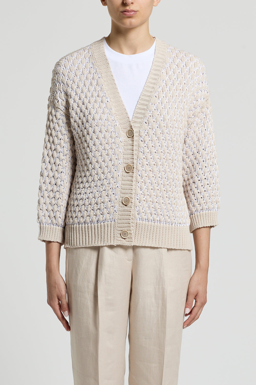 Knit sweater beige birch van Peserico met knoopsluiting en textuurpatroon