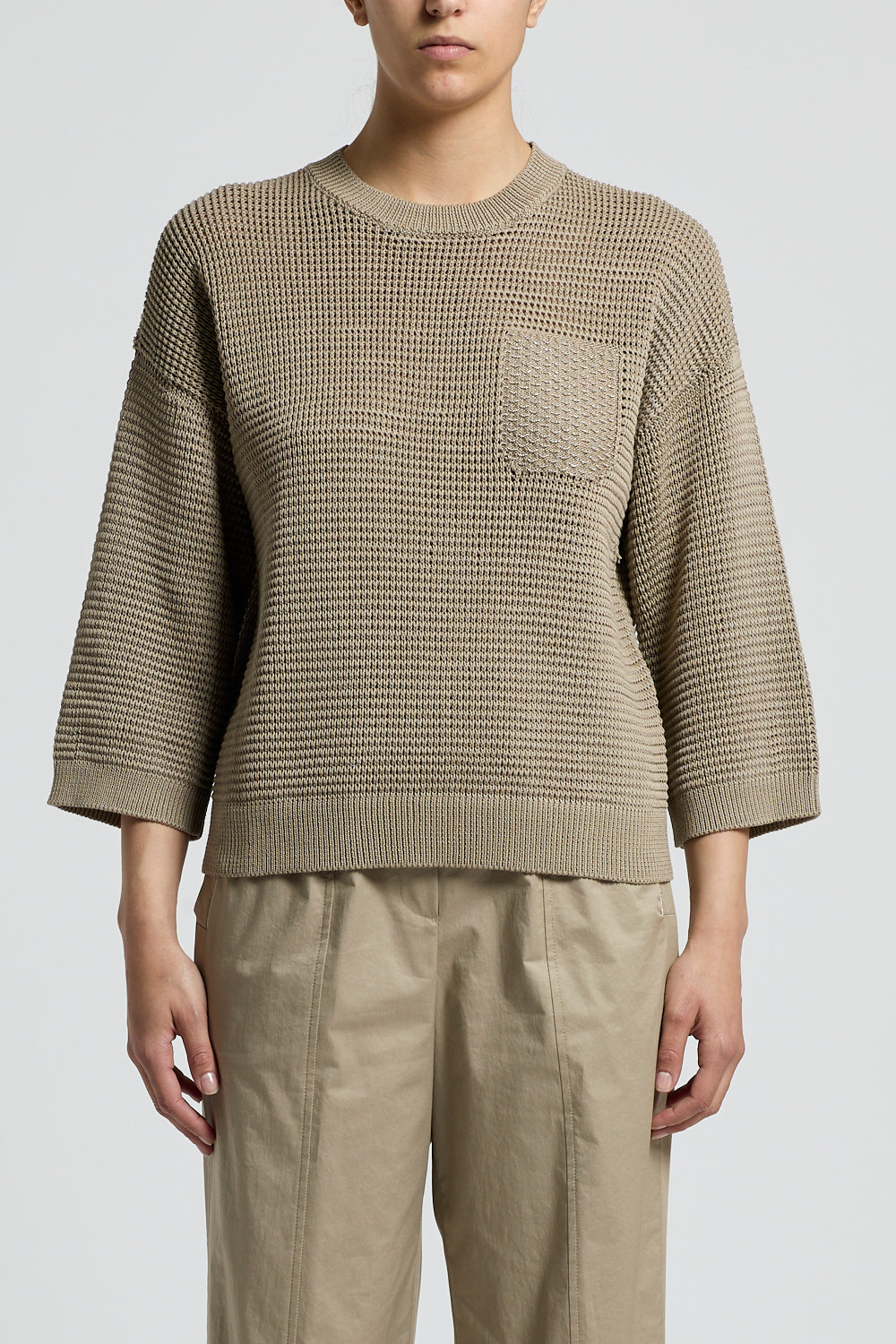 Knit sweater met highlightdetail in olive leaf green van Peserico, ronde hals en zak