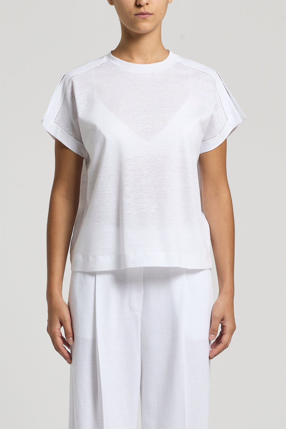 Witte blouse van Peserico met transparante panelen en korte mouwen, SS26