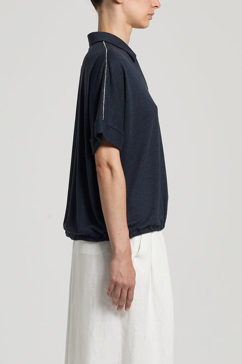Polo-blouse in donkerblauw van Peserico met zilveren streep langs mouw