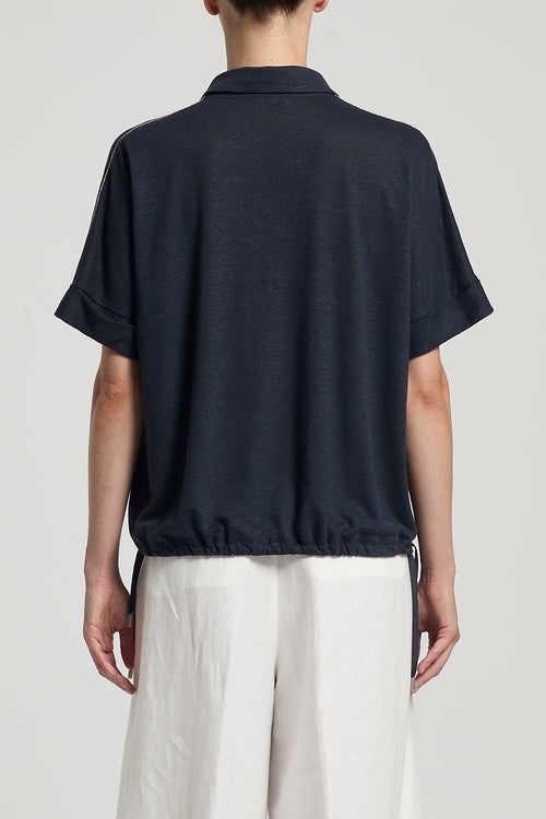 Blouse van Peserico in donkerblauw met korte mouwen en rits aan de zijkant