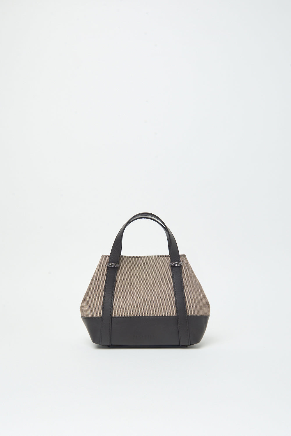 Luxe handtas van Peserico in beige met zwart leer, geometrisch ontwerp en top handvatten