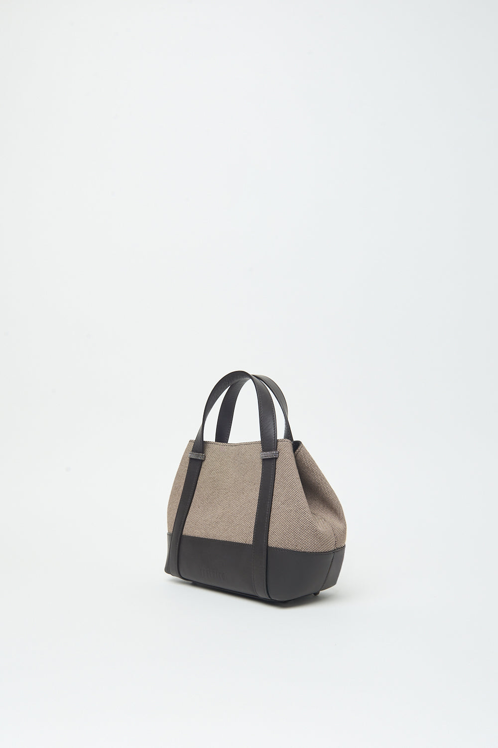 Luxe handtas van Peserico in beige met zwart leer, textuur en schouderbanden