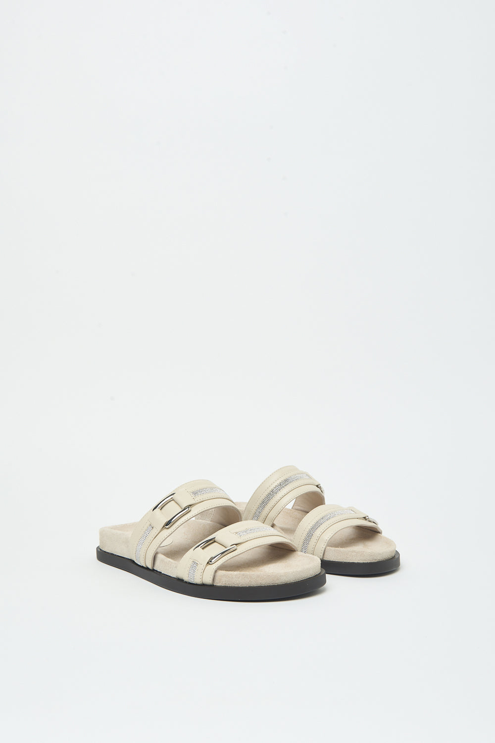 Luxe sandalen van Peserico in beige met zilveren accenten en dubbele banden