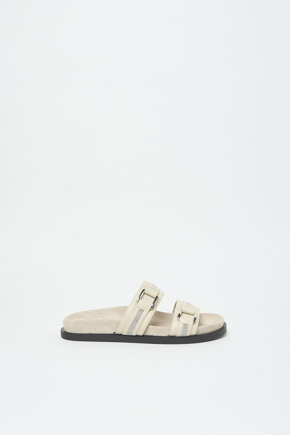 Sandaal met riemen in beige van Peserico met zilveren details en zwart zool
